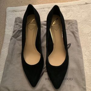 Brian Atwood Karina black with gold caged heel